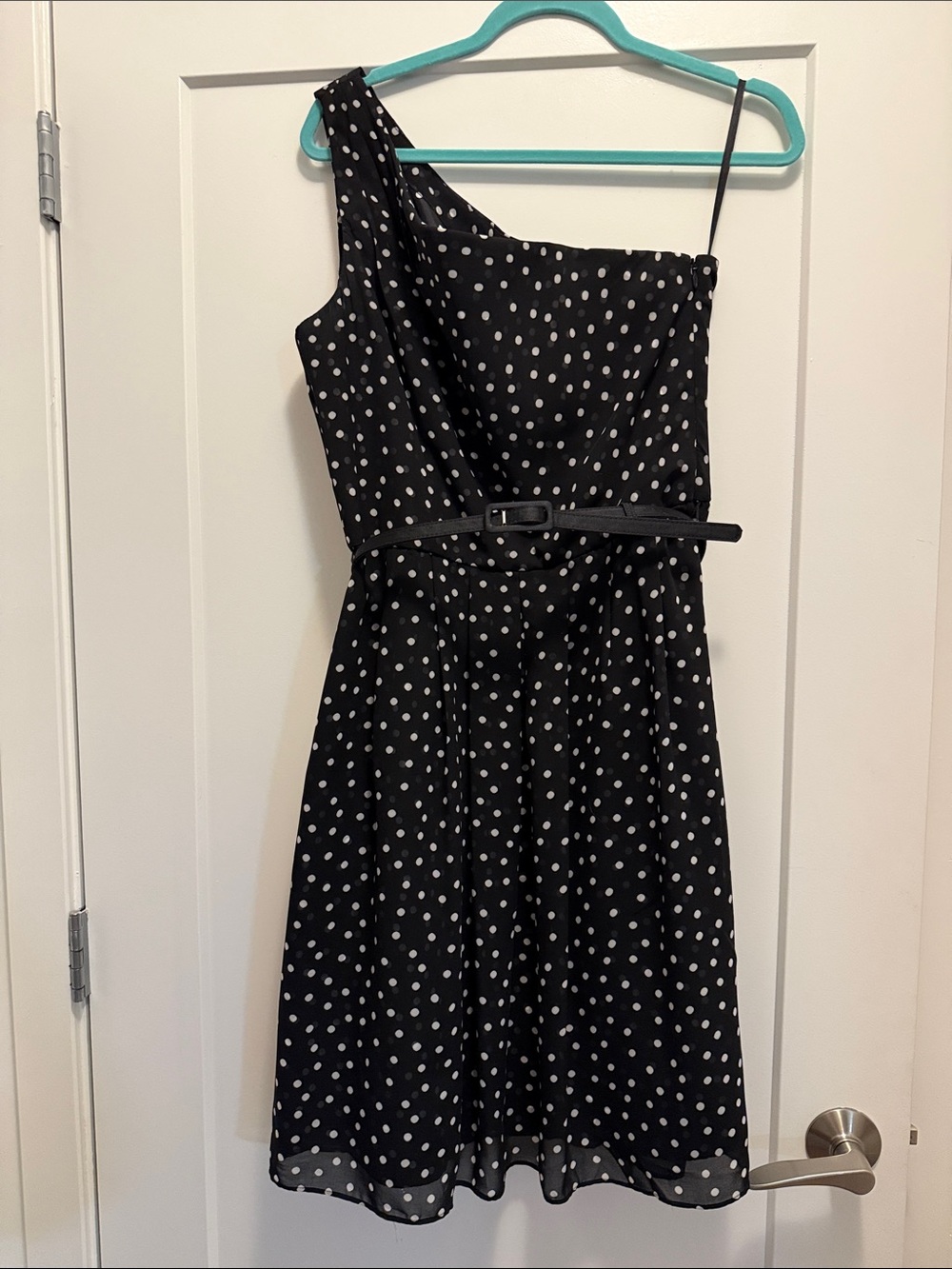 White House Black Market Black and White Polka Dot One-Shoulder Dress